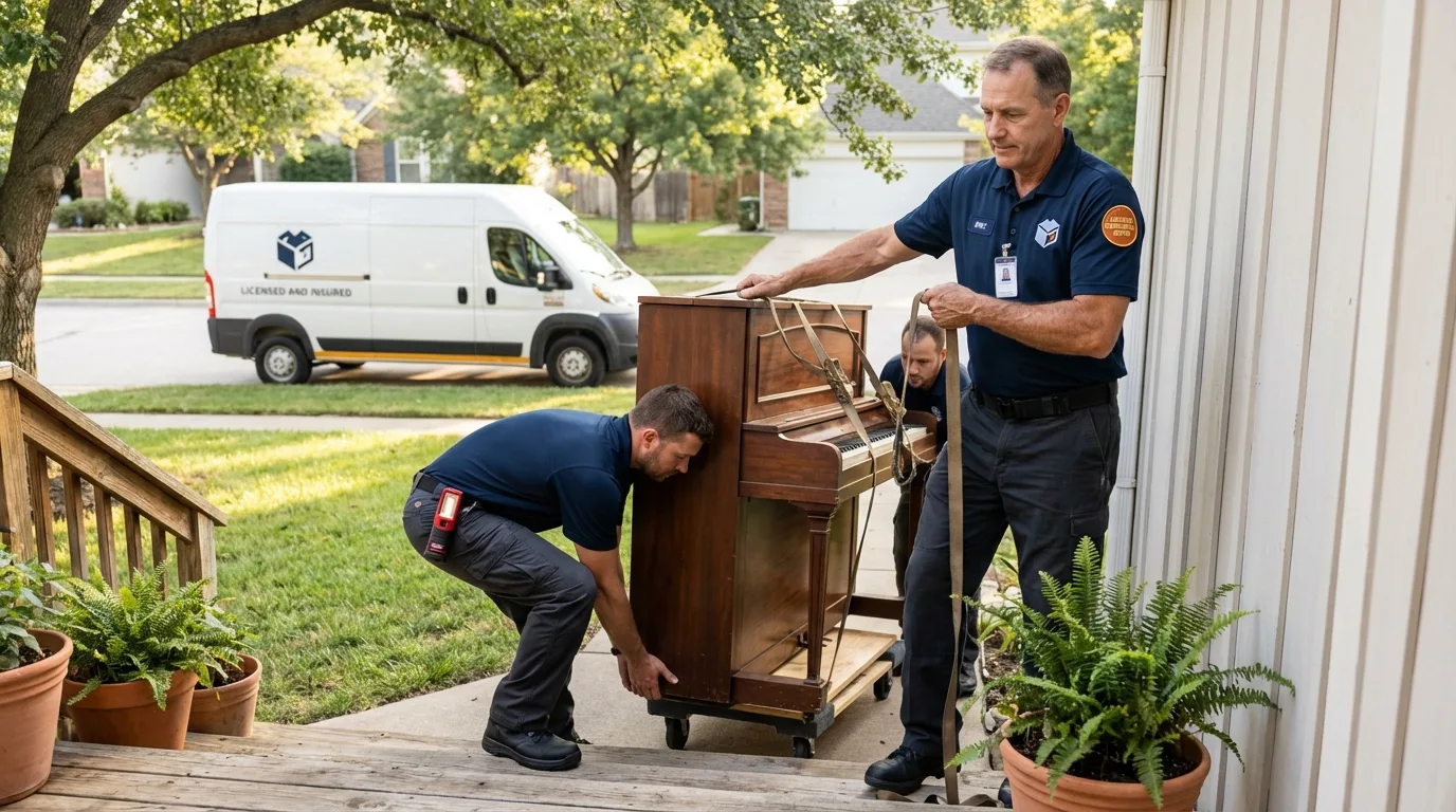 Licensed piano movers securing grand piano in Rolesville, NC