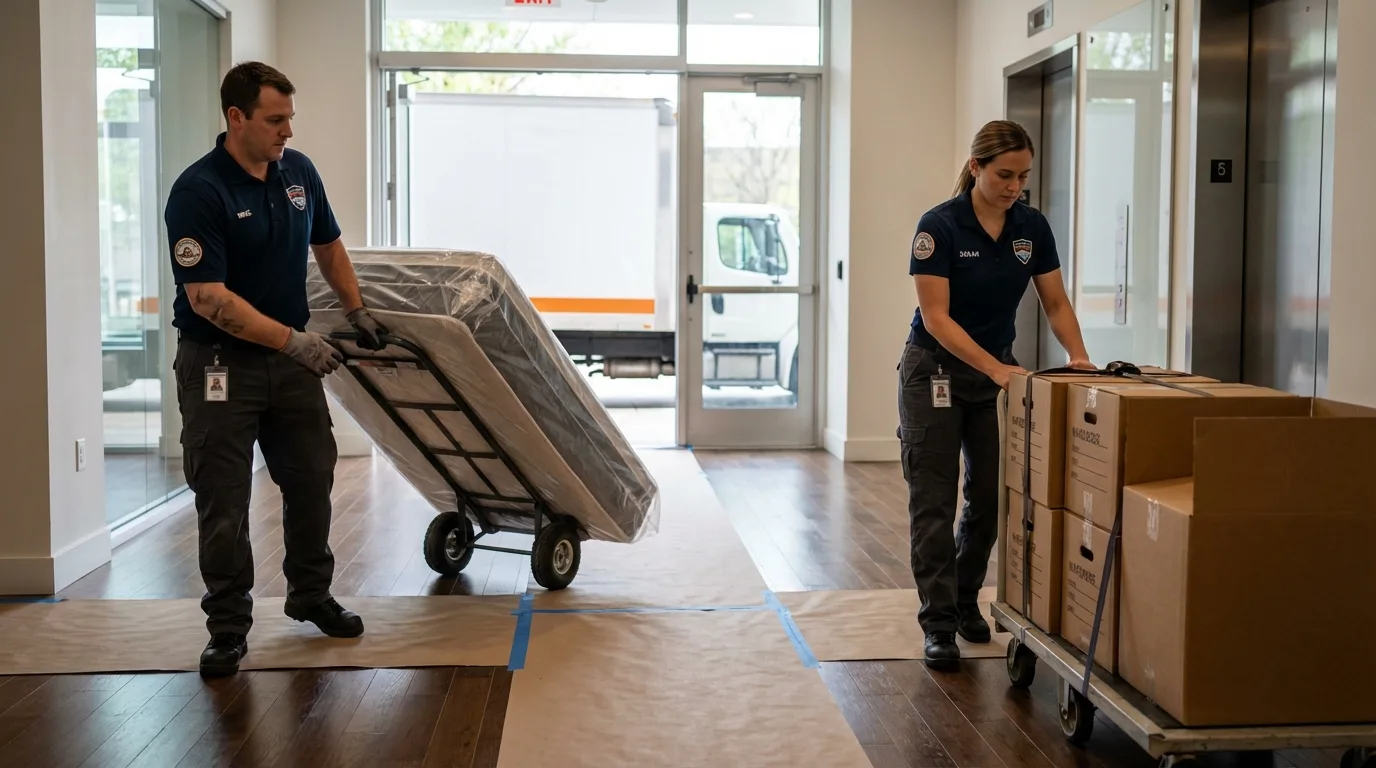 Professional apartment movers loading elevator in Rolesville, NC