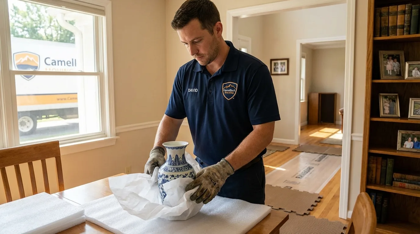 Professional crew carefully wrapping antique vase for senior downsizing move in Rolesville, NC