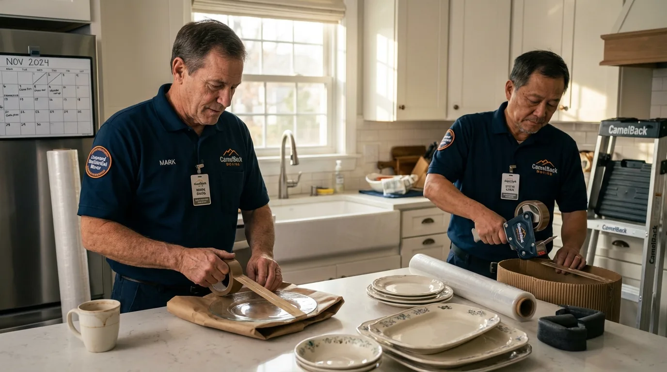 Professional crew packing kitchen dishware in Rolesville, NC